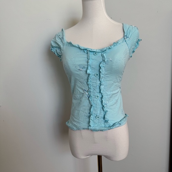 Y2K Light Blue Ruffled Women's Top milkmaid S coquette coastal cowgirl - Picture 2 of 5